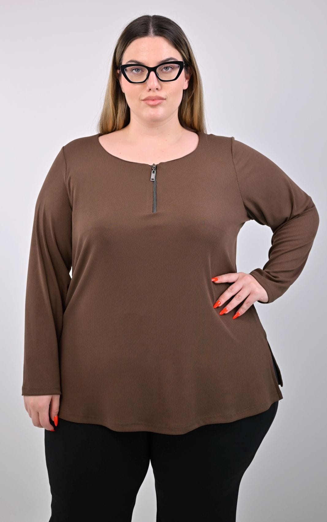 Plus Size Μπλούζα Καφέ με Φερμουάρ | PsX Fashion