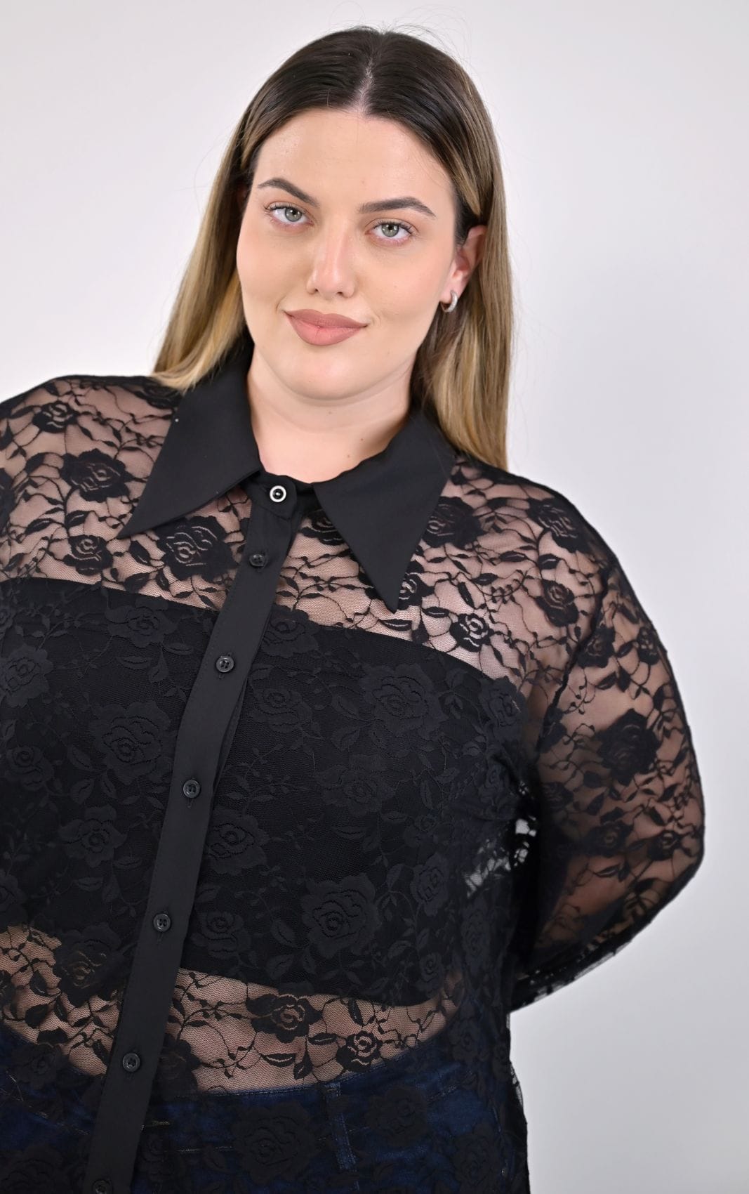 Plus Size Μαύρο Πουκάμισο Δαντέλα