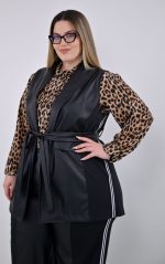Plus Size Μαύρο Γιλέκο Δερματίνης Με Πλαϊνές Ρίγες Και Γκρο Ύφασμα