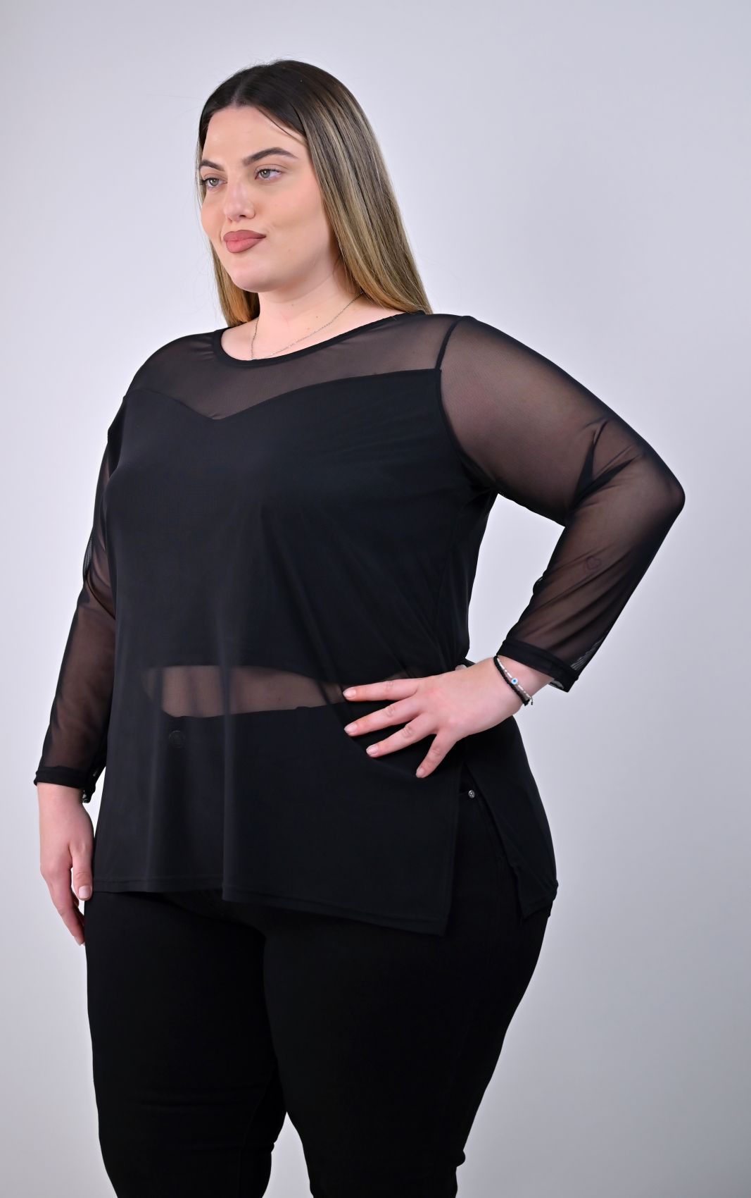 Plus Size Μαύρη Μπλούζα με Διαφάνεια | PsX Fashion
