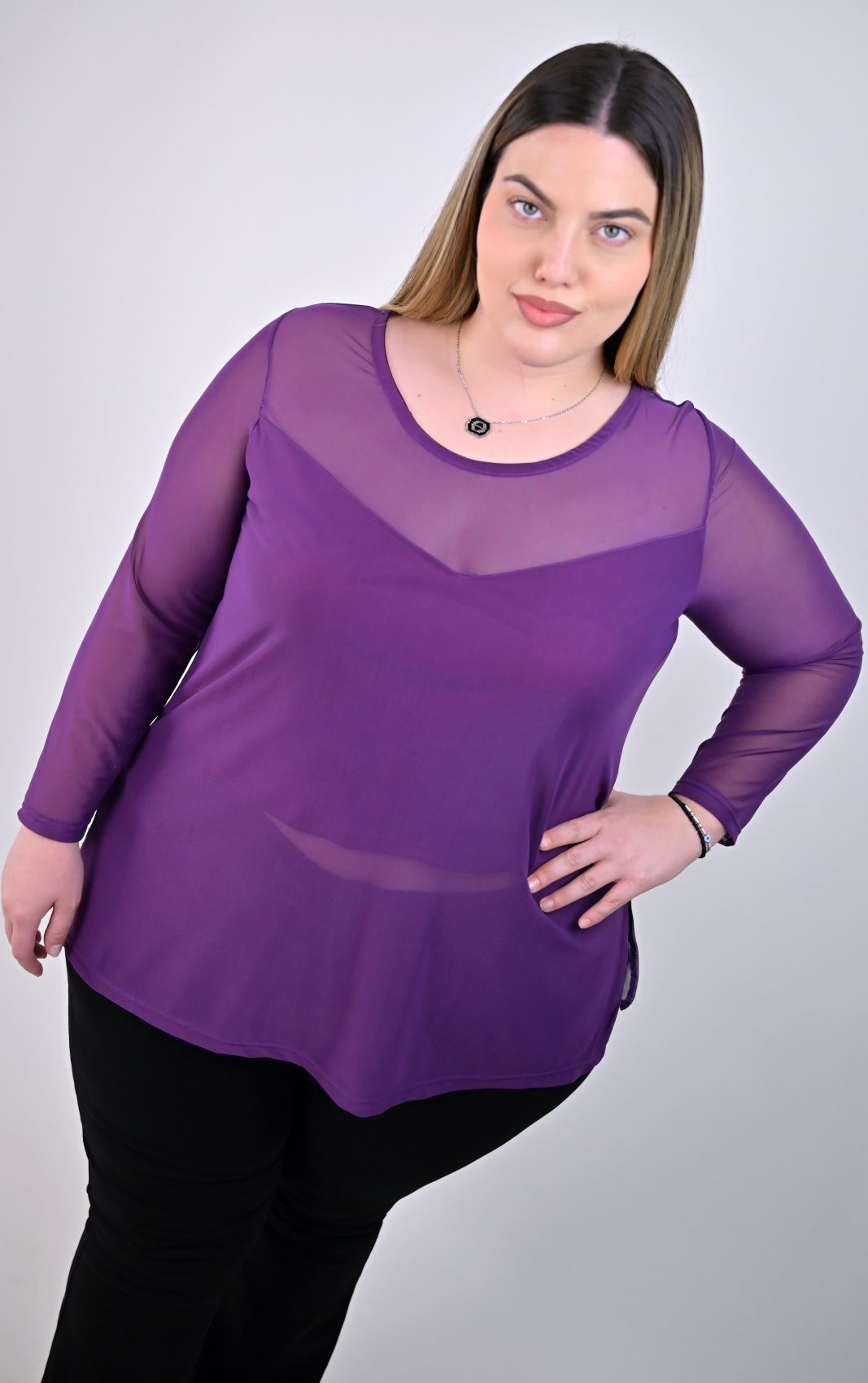 Plus Size Μωβ Μπλούζα με Διαφάνεια | PsX Fashion