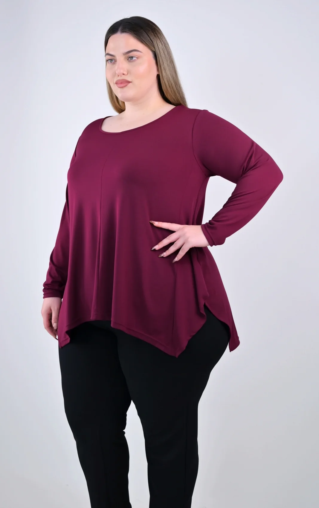 Plus Size Μπορντό Ασύμμετρη Μπλούζα | PsX Fashion