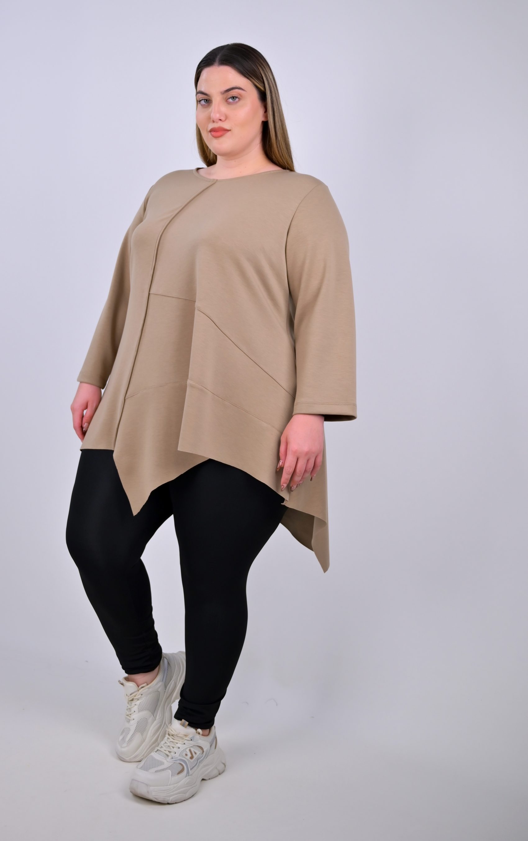 Plus Size Μπεζ Ασύμμετρη Μπλούζα | Άνεση & Στυλ | PsX