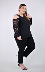 Plus Size Μπλούζα με Έναν Ώμο Έξω & Δαντέλα | Psx Fashion