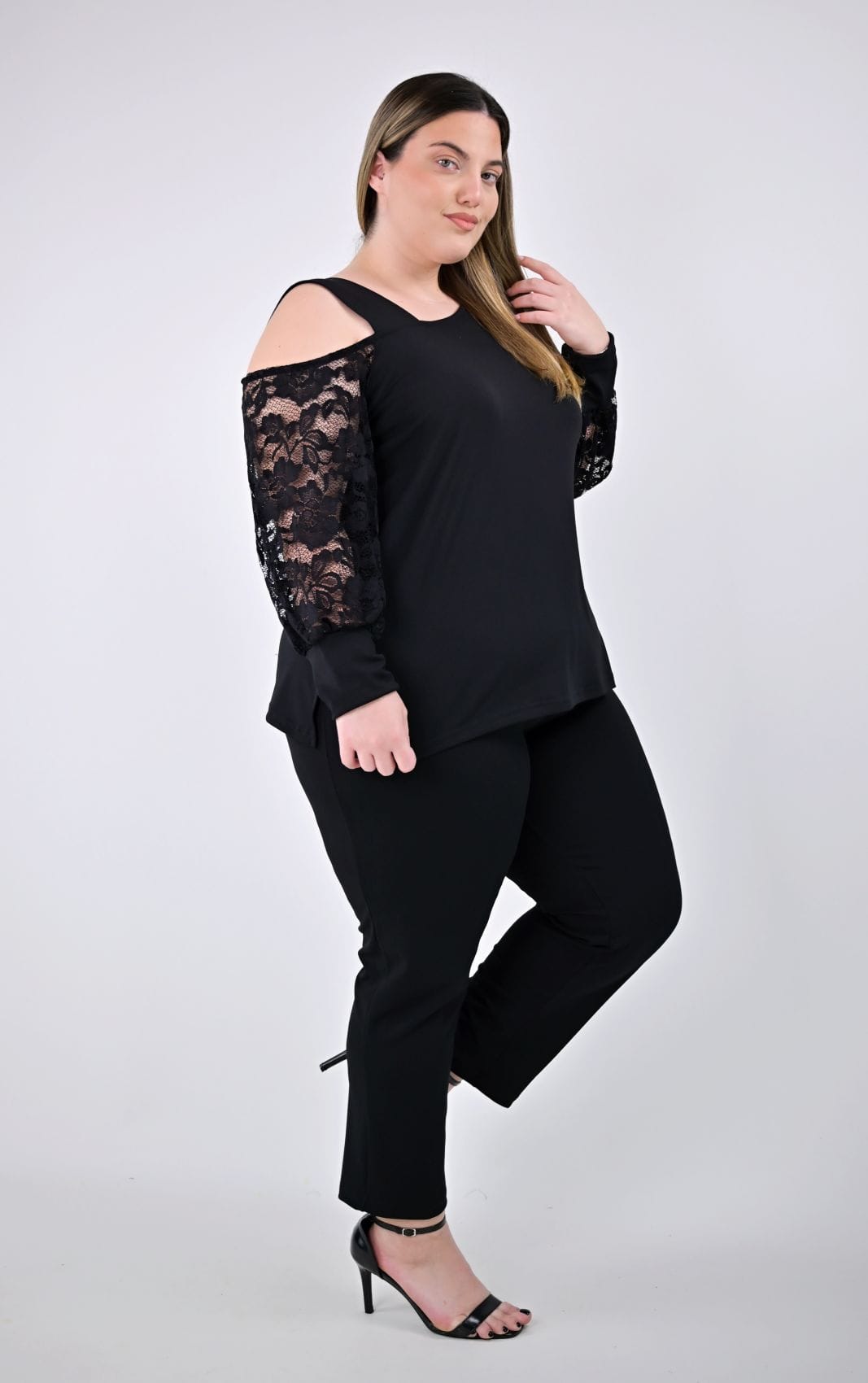Plus Size Μπλούζα με Έναν Ώμο Έξω & Δαντέλα | Psx Fashion