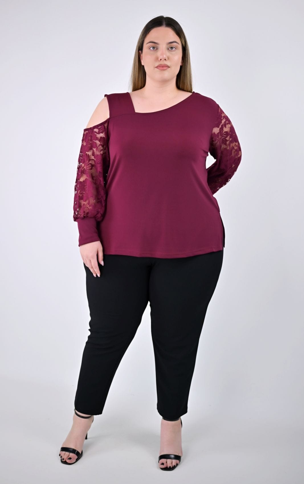 Plus Size Μπλούζα με Έναν Ώμο Έξω & Δαντέλα | Psx Fashion