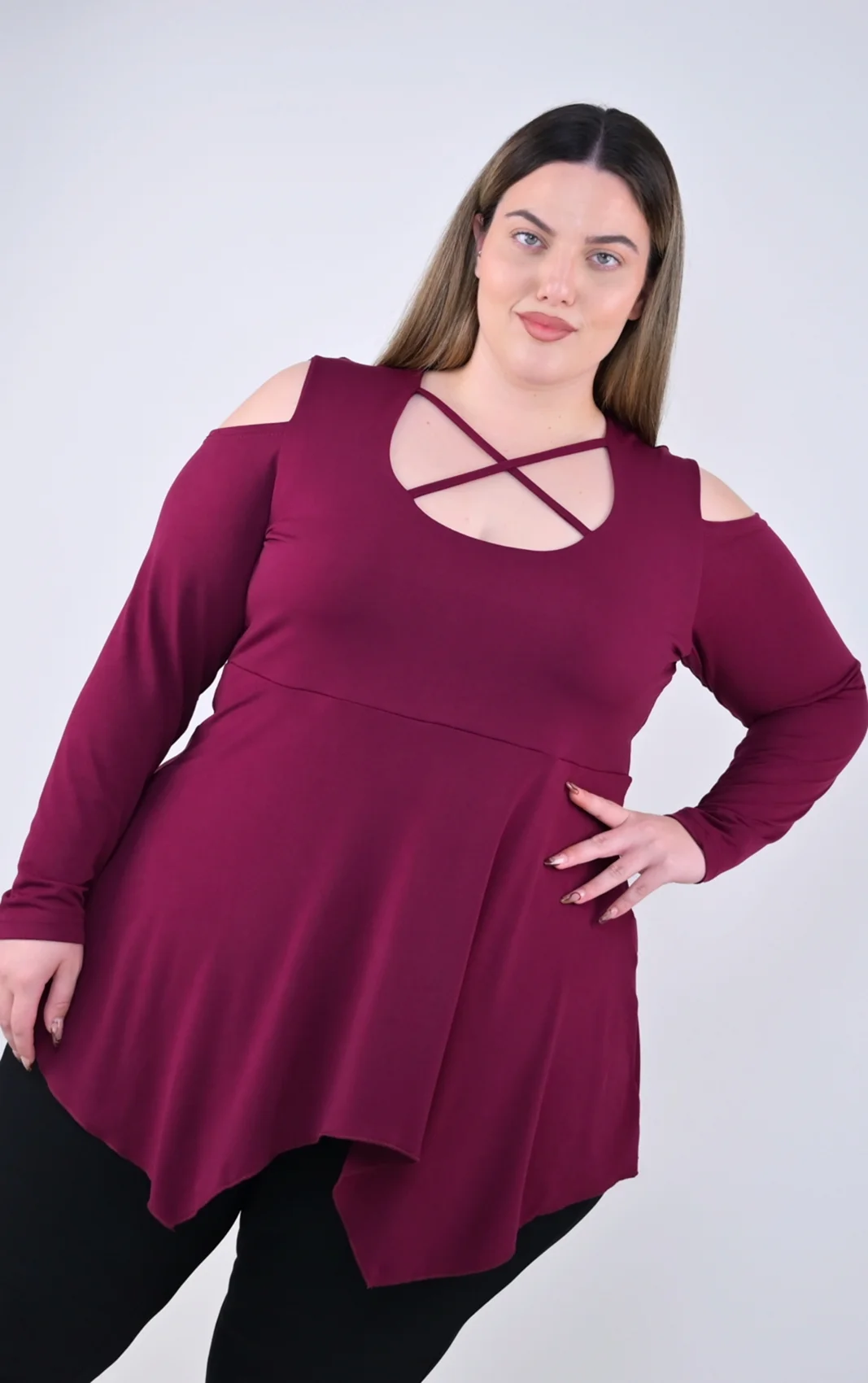 Plus Size Μπορντό Μπλούζα με Ανοιχτούς Ώμους | PsX Fashion