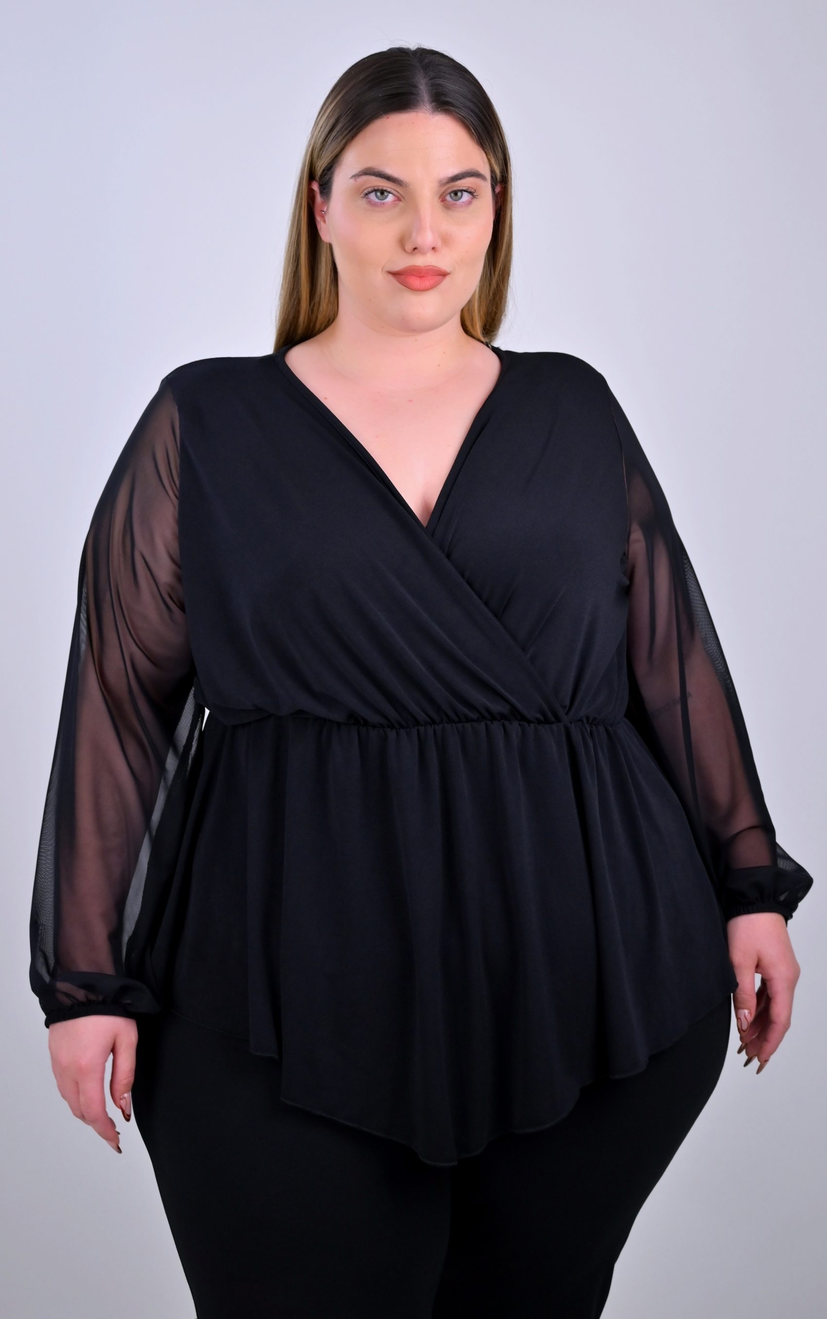 Plus Size Κρουαζέ Μπλούζα με Διάφανα Μανίκια | PsX Fashion