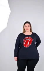 Plus Size Μπλούζα με Σχέδιο-Γλώσσα από Παγιέτες | PsX Fashion