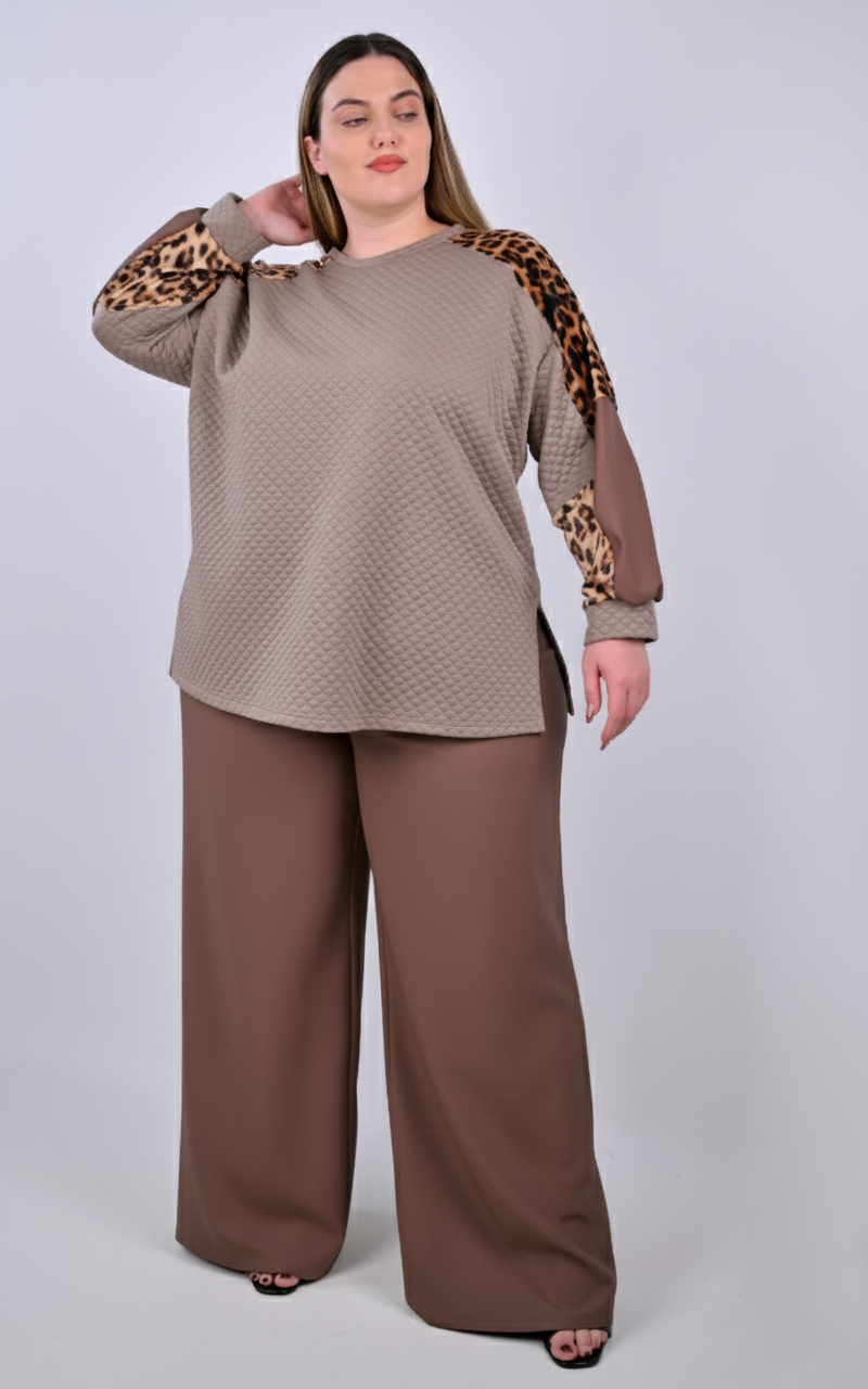 Plus Size Καφέ Μπλούζα Φούτερ με Καπιτονέ | PsX Fashion