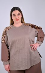 Καφέ Μπλούζα Φούτερ με Καπιτονέ Υφή & Animal Print - Image 2