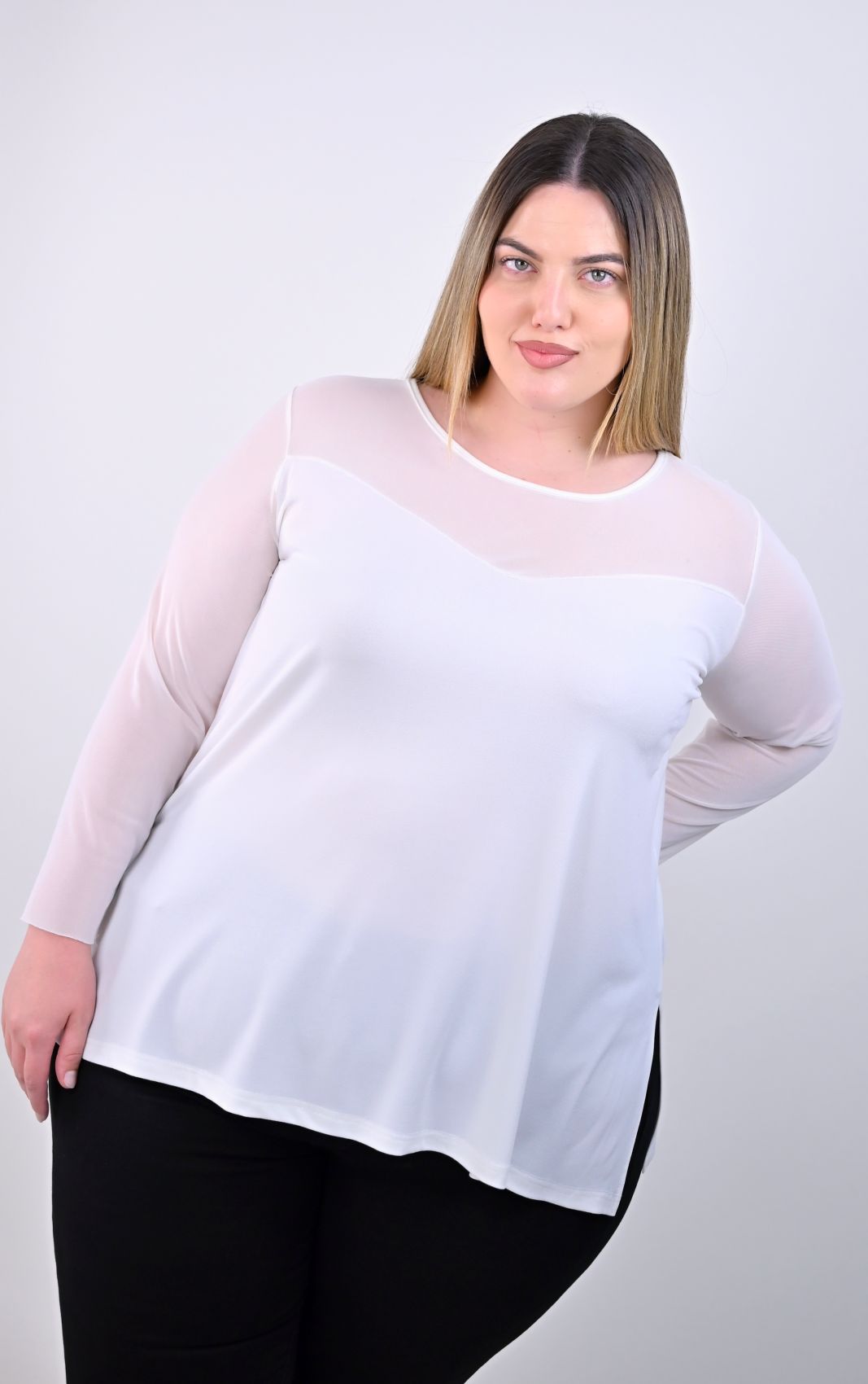 Plus Size Εκρού Μπλούζα με Διαφάνεια | PsX Fashion