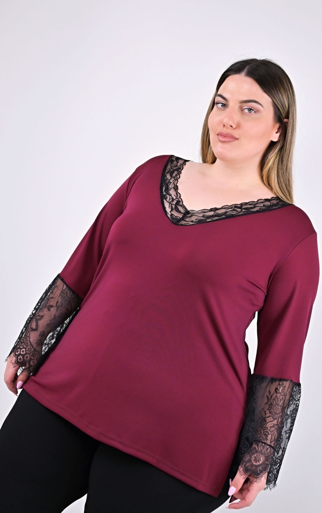 Plus Size Μπλούζα με Δαντέλα σε Μπορντό Χρώμα | PsX Fashion