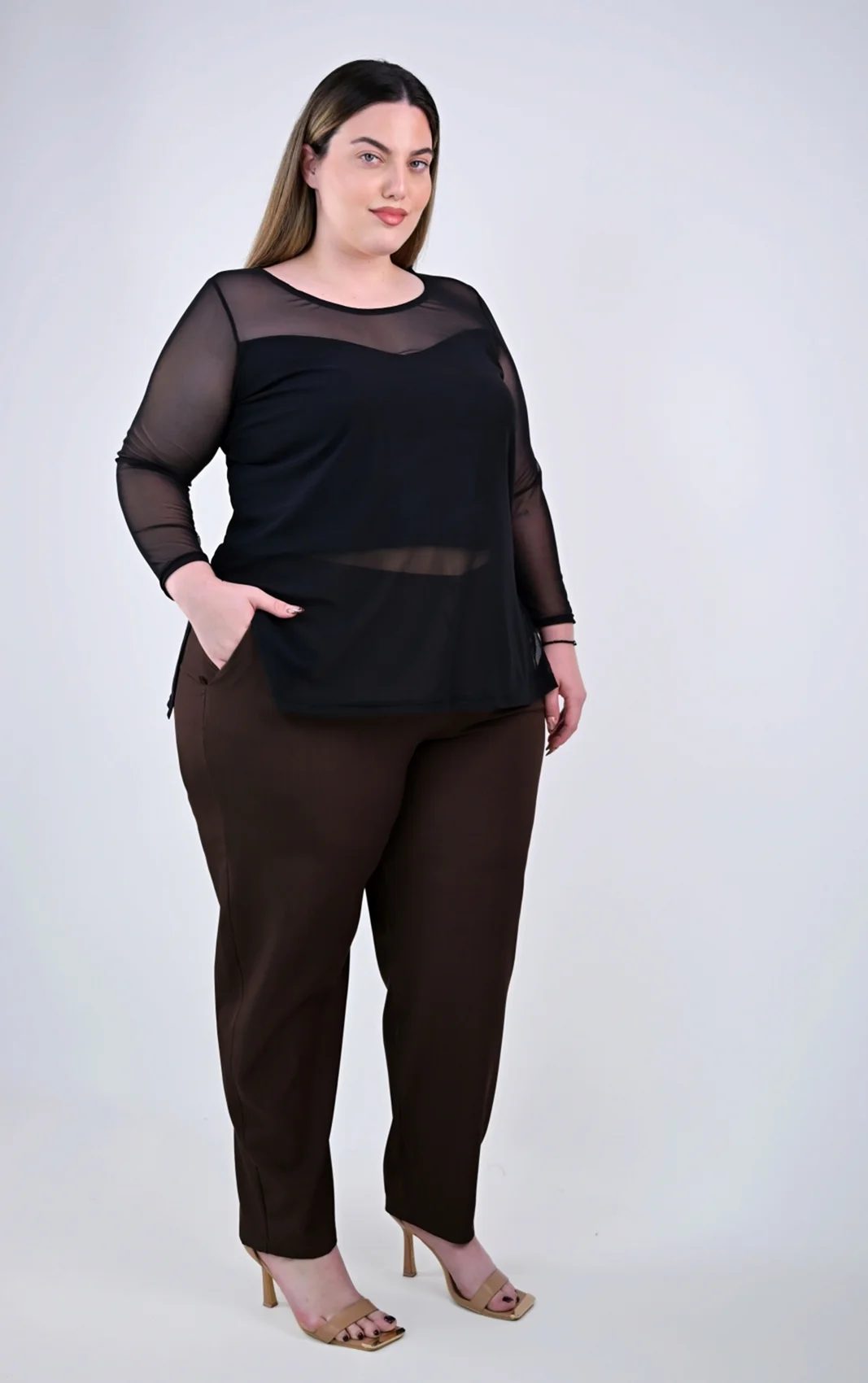 Plus Size Ψηλόμεσο Καφέ Παντελόνι με Λάστιχο | PsX Fashion