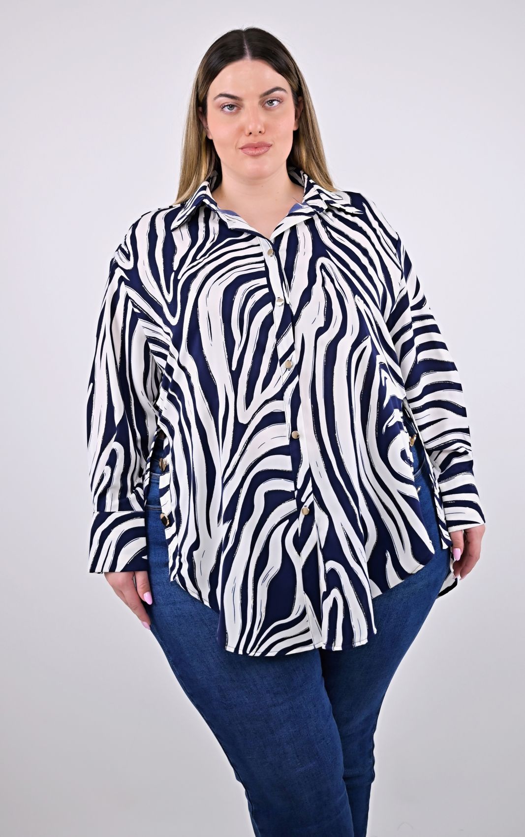 Plus Size Μπλε Ζεβρέ Πουκαμίσα | Animal Print | PsX Fashion
