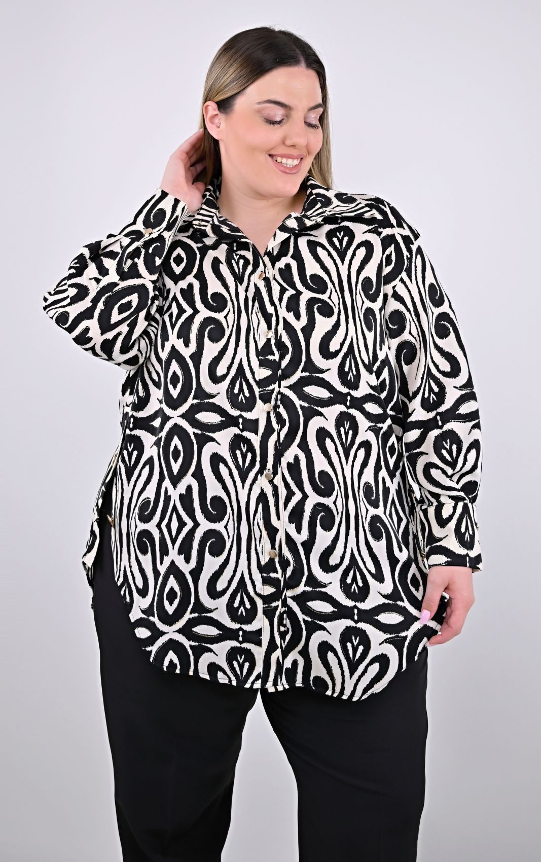 Plus Size Πουκαμίσα Μπεζ με Μαύρο Μοτίβο | PsX Fashion