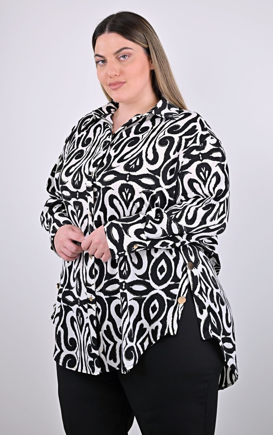 Plus Size Πουκαμίσα Λευκό Μαύρο Μοτίβο | PsX Fashion