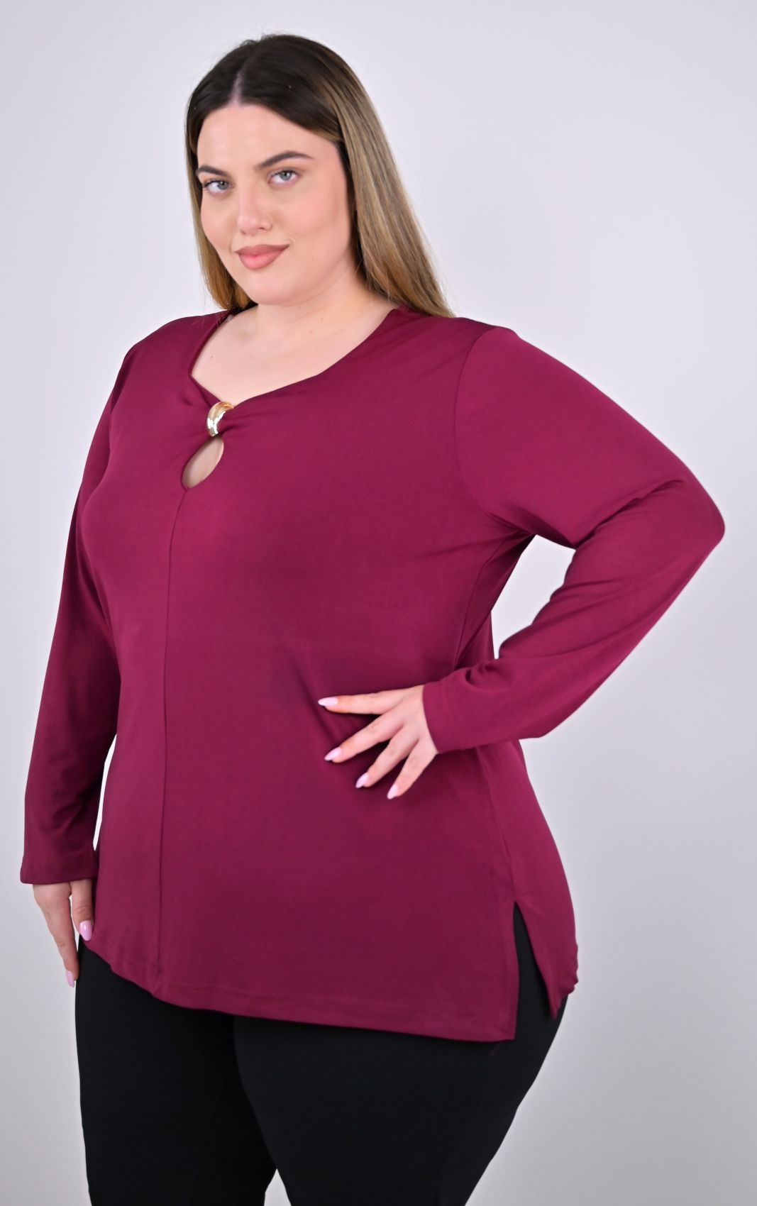 Plus Size Μπορντό Μπλούζα με Μεταλλική Λεπτομέρεια | PsX