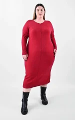 Μάξι Πλεκτό Φόρεμα Κόκκινο με V Λαιμόκοψη - Image 2