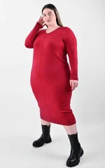 Μάξι Πλεκτό Φόρεμα Κόκκινο με V Λαιμόκοψη - Image 3