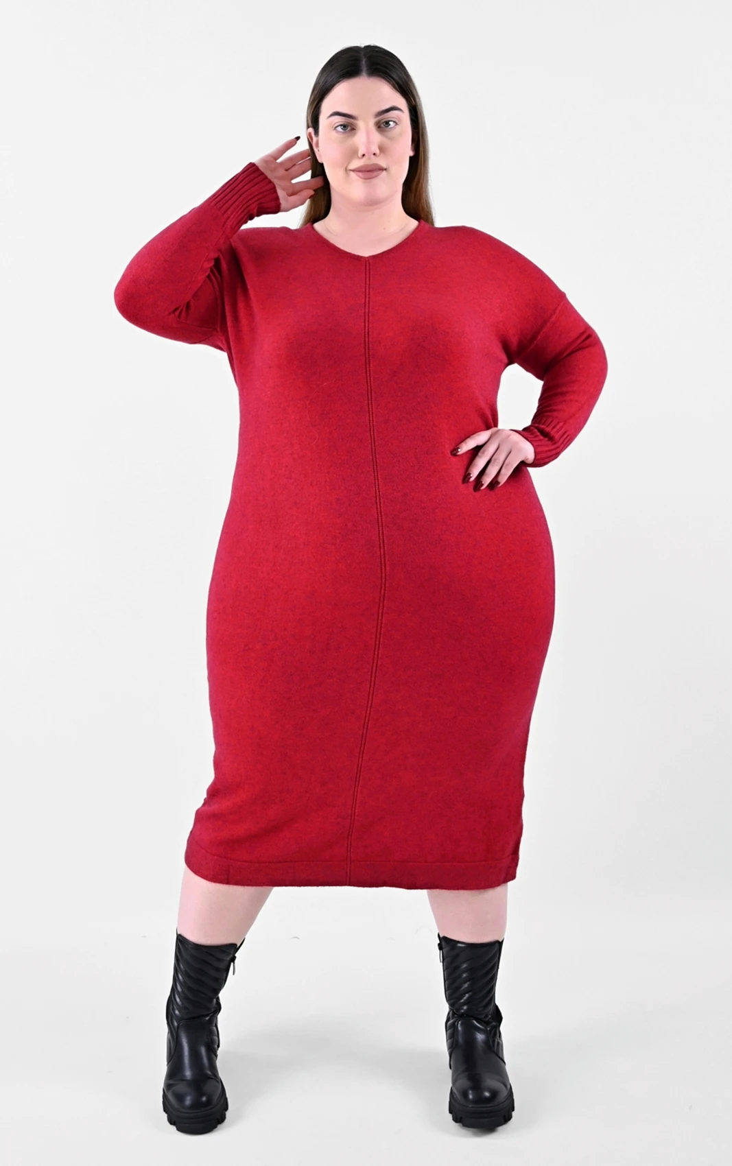 Plus Size Κόκκινο Μάξι Πλεκτό Φόρεμα | V-Neck & Άνετη Γραμμή | PsX Fashion