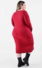 Μάξι Πλεκτό Φόρεμα Κόκκινο με V Λαιμόκοψη - Image 4