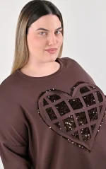 Plus Size Καφέ Μπλούζα με Καρδιά & Φερμουάρ | PsX Fashion
