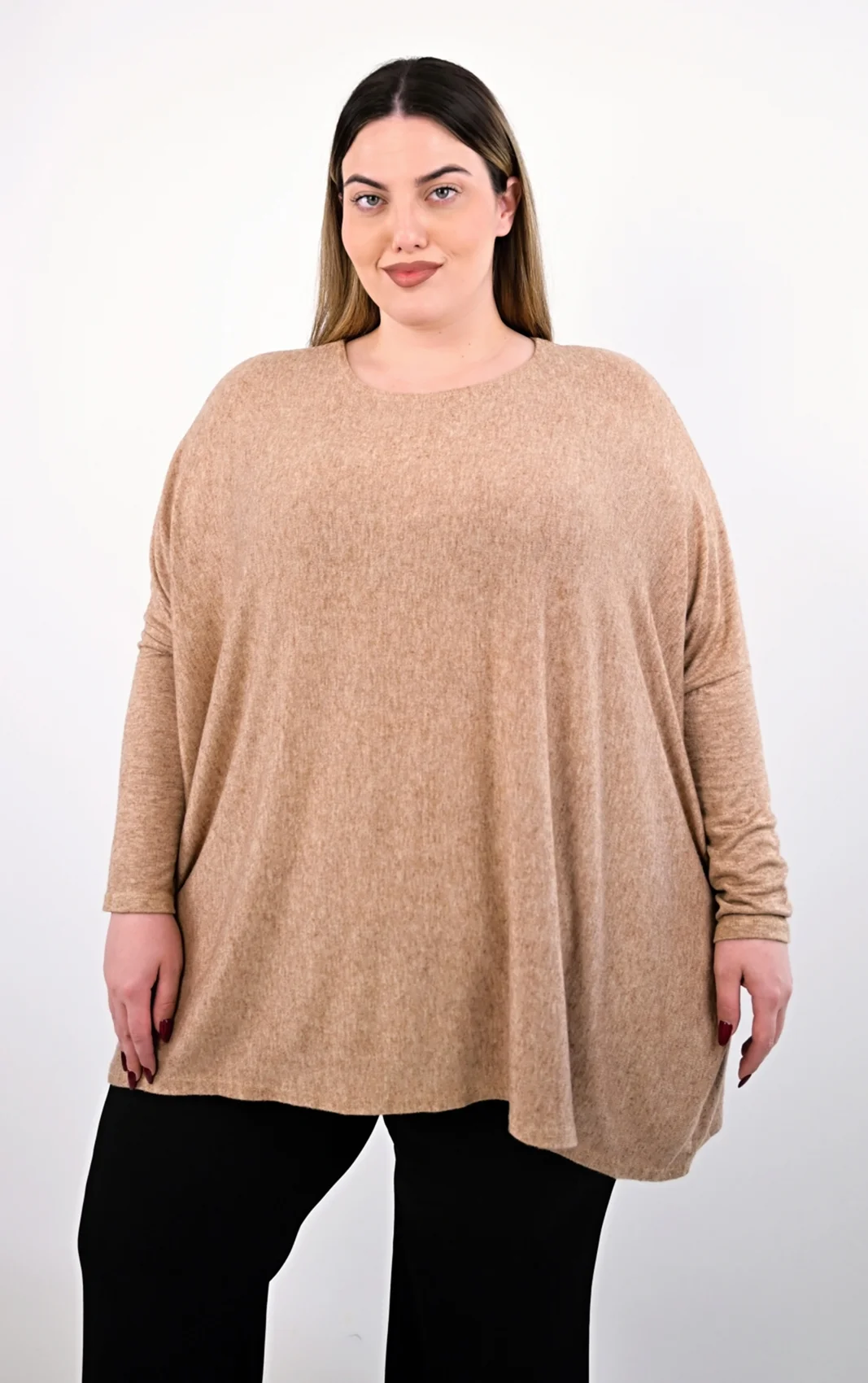 Plus Size Μακρυμάνικο Μπλουζοφόρεμα Μπεζ | PsX Fashion