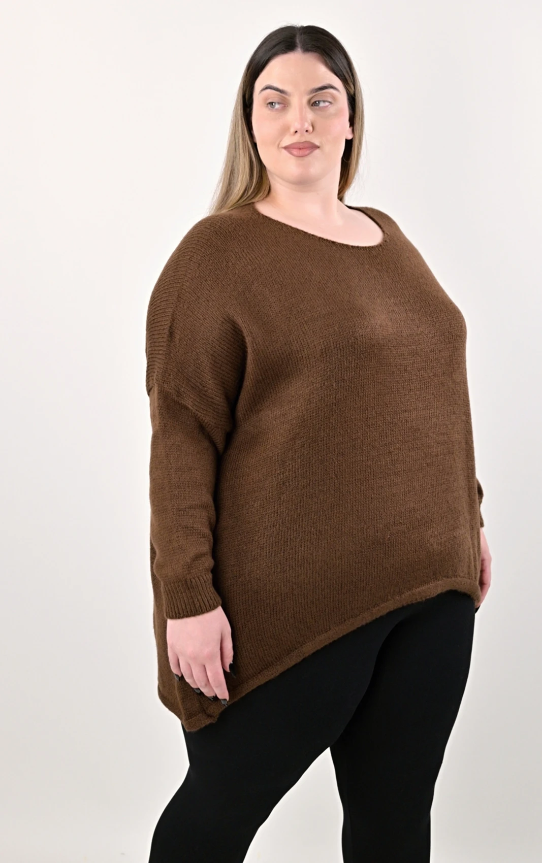 Plus Size Καφέ Πλεκτή Μπλούζα | Ασύμμετρη | PsX Fashion