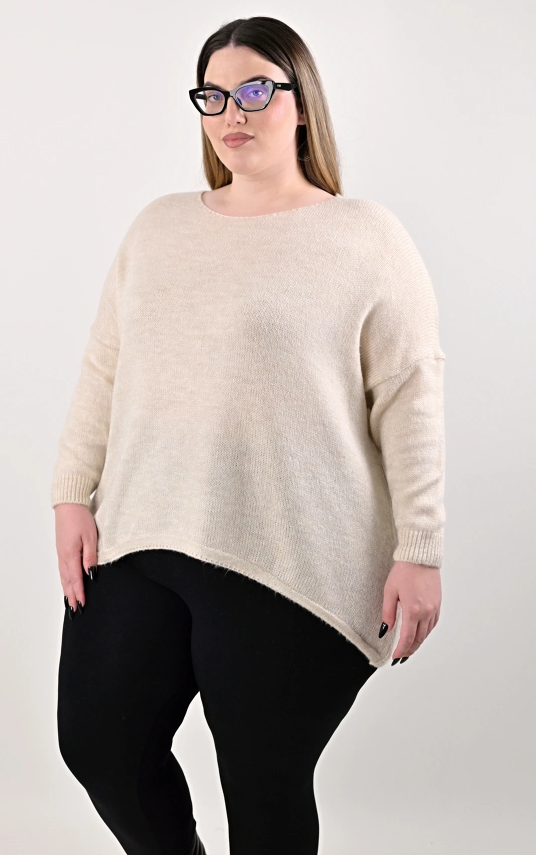 Plus Size Μπεζ Πλεκτή Μπλούζα | Ασύμμετρη | PsX Fashion