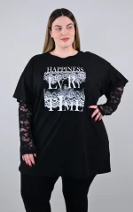 Plus Size Μαύρο T-shirt με Δαντελένια Μανίκια | PsX Fashion