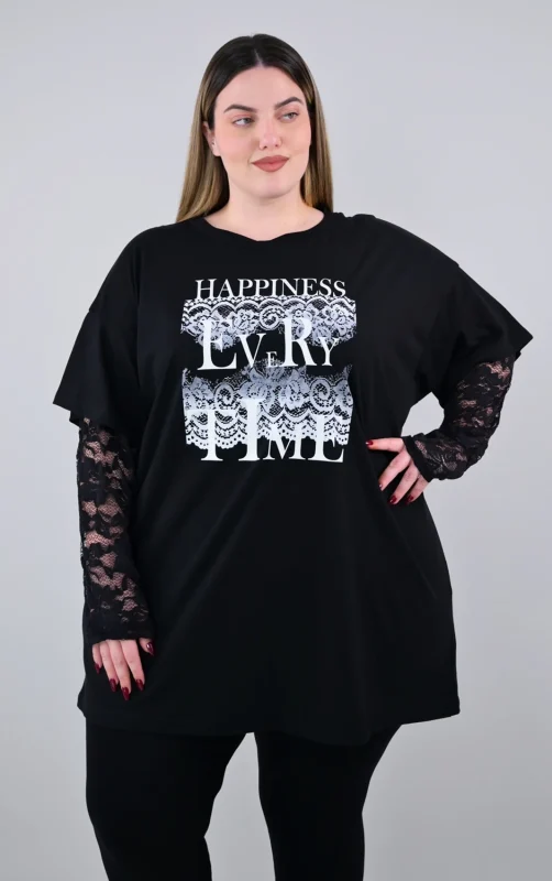 Plus Size Μαύρο T-shirt με Δαντελένια Μανίκια | PsX Fashion
