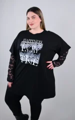 Μαύρη Μπλούζα T-shirt με Δαντελένια Μανίκια - Image 2