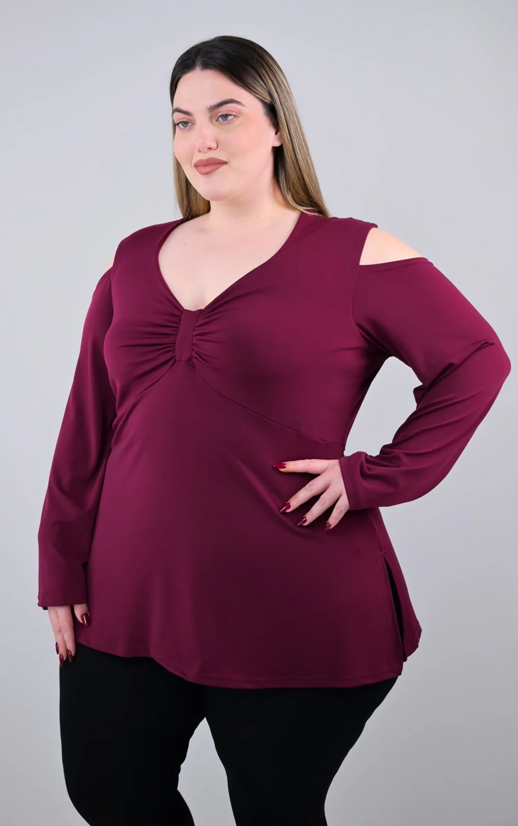 Plus Size Μπορντό Μπλούζα με Ανοιχτούς Ώμους | PsX Fashion