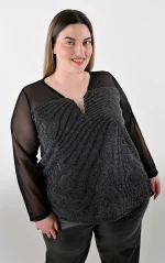 Plus Size Μπλούζα Lurex με Διάφανα Μανίκια | PsX Fashion
