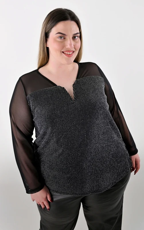 Plus Size Μπλούζα Lurex με Διάφανα Μανίκια | PsX Fashion