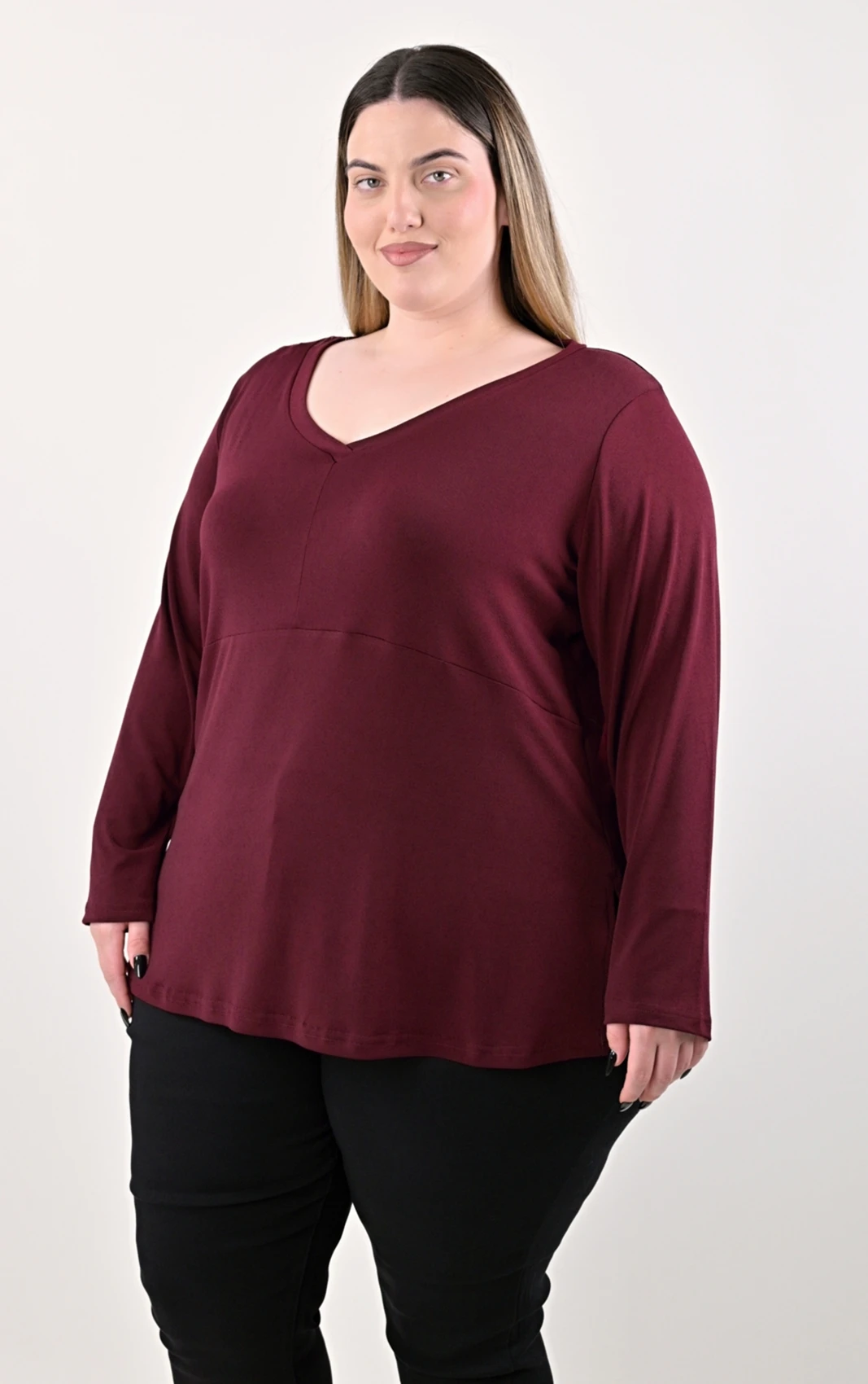 Plus Size Μπορντό Μπλούζα V | PsX Fashion