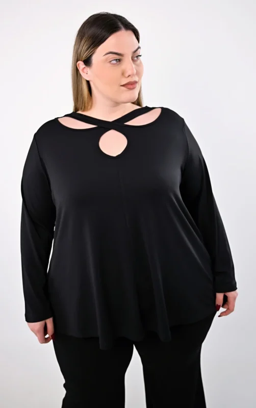 Plus Size Μπλούζα Μαύρη Άνοιγμα Ντεκολτέ | PsX Fashion