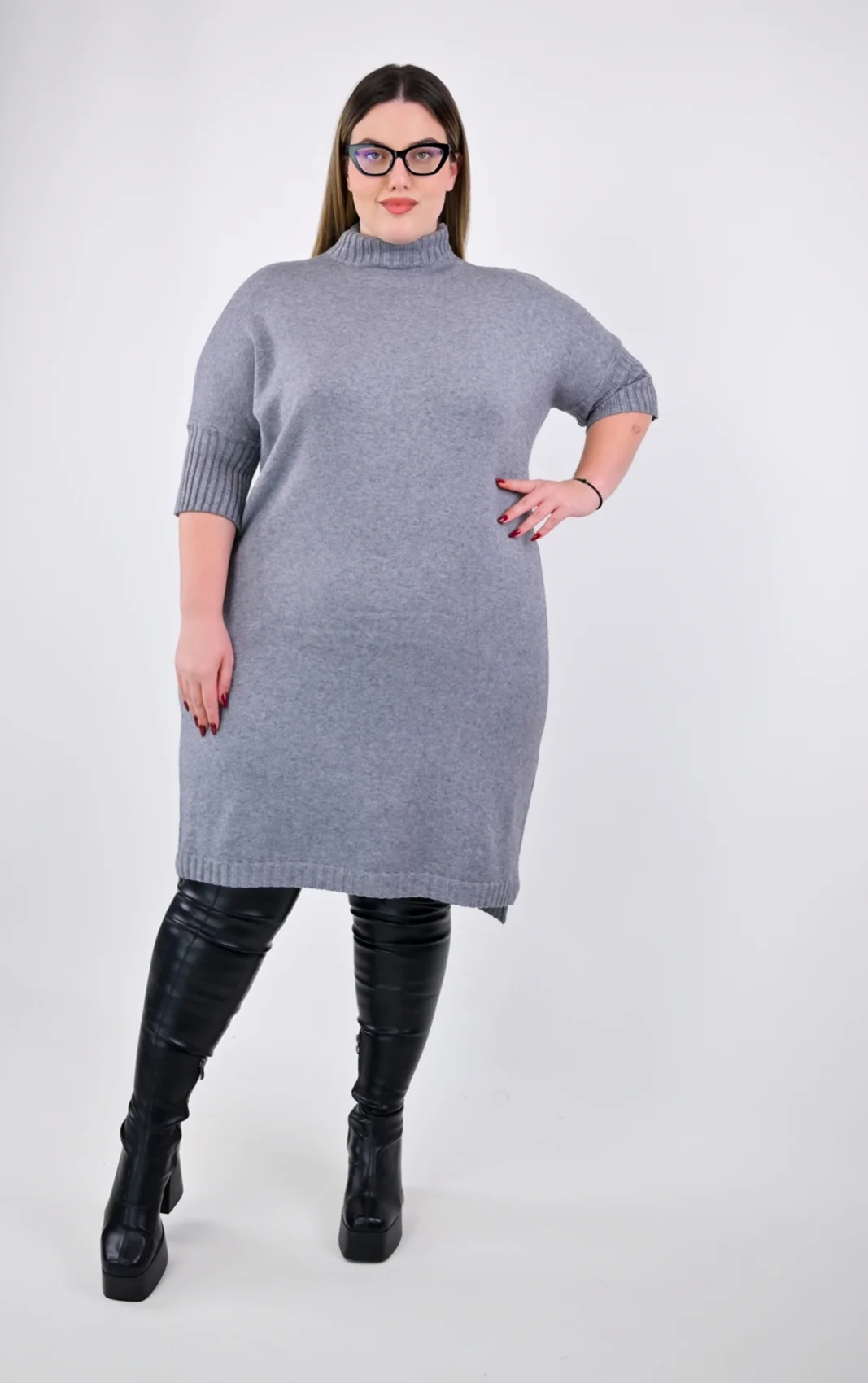 Plus Size Πλεκτό Φόρεμα Γκρι | Άνετο & Στυλάτο Ζιβάγκο | PsX Fashion