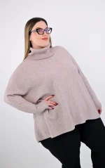 Plus Size Μπεζ Πλεκτή Μπλούζα με Ζιβάγκο | Oversized | PsX Fashion