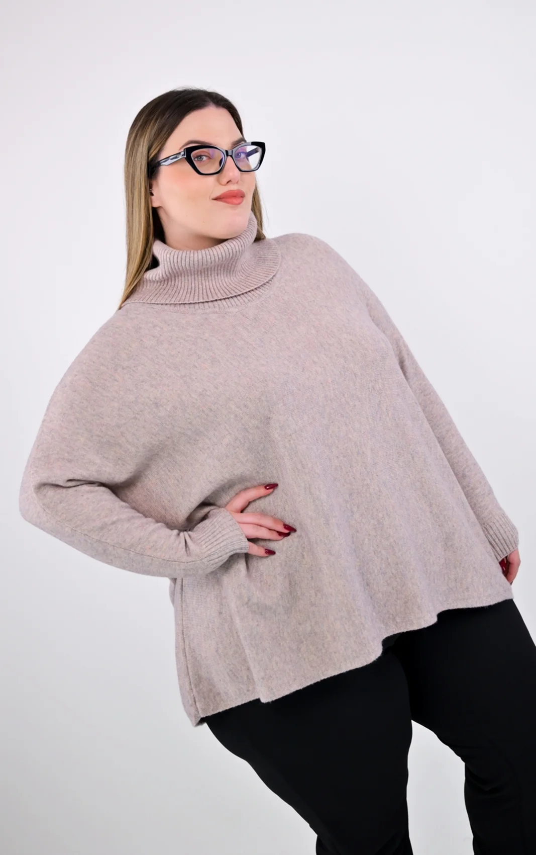 Plus Size Μπεζ Πλεκτή Μπλούζα με Ζιβάγκο | Oversized | PsX Fashion