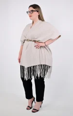 Πλεκτή Κάπα-Poncho Μπεζ με Κρόσσια - Image 3