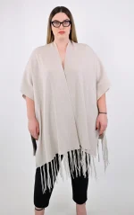 Πλεκτή Κάπα-Poncho Μπεζ με Κρόσσια - Image 7
