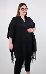 Πλεκτή Κάπα-Poncho Μαύρη με Κρόσσια - Image 5