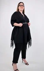 Plus Size Μαύρη Κάπα-Poncho Κρόσσια | OneSize | PsX Fashion