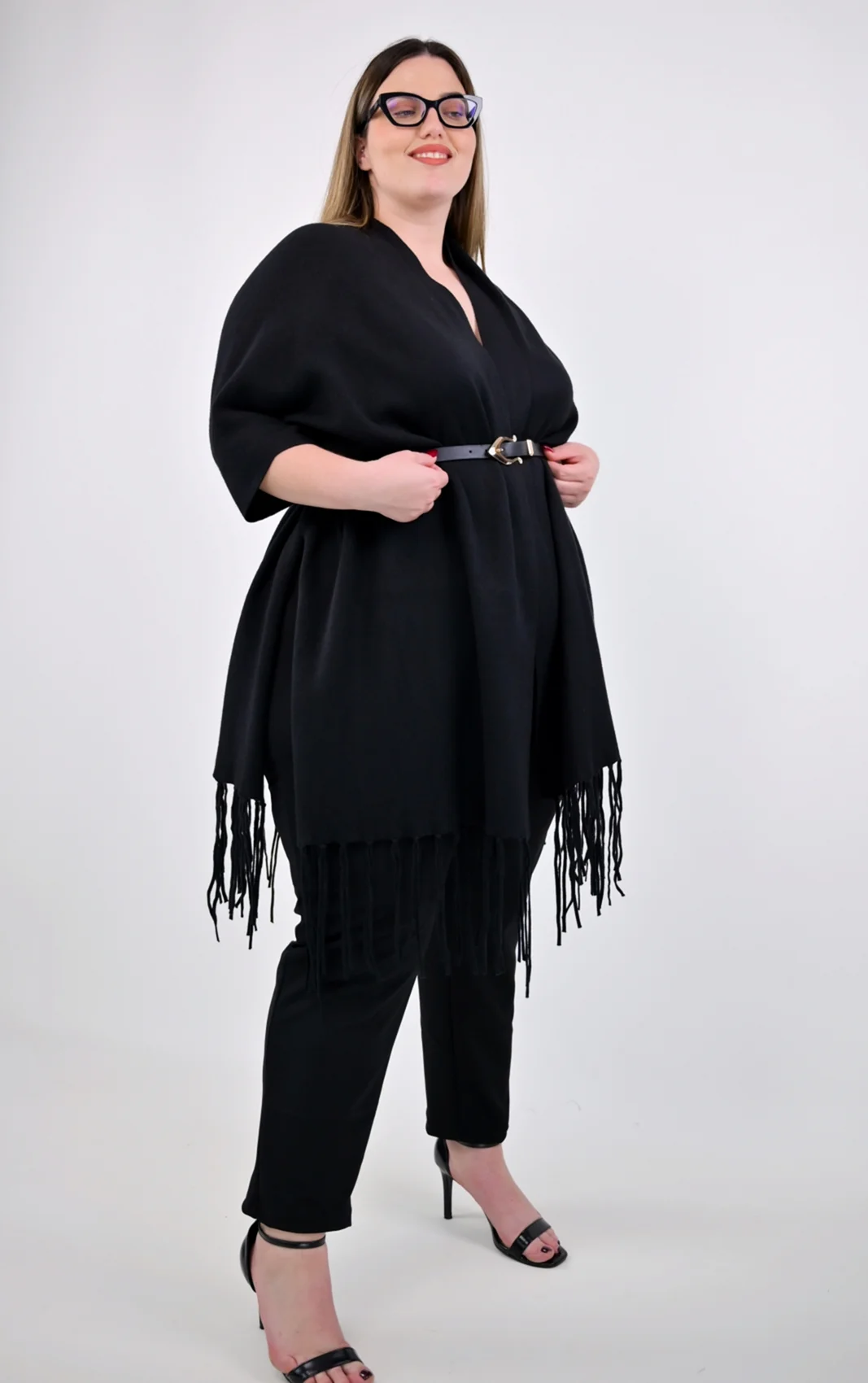 Plus Size Μαύρη Κάπα-Poncho Κρόσσια | OneSize | PsX Fashion
