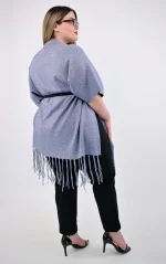 Πλεκτή Κάπα-Poncho Γκρι με Κρόσσια - Image 5