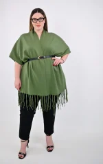 Πλεκτή Κάπα-Poncho Χακί με Κρόσσια - Image 3