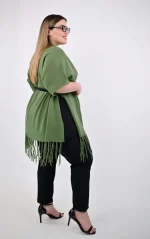 Πλεκτή Κάπα-Poncho Χακί με Κρόσσια - Image 4