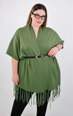 Πλεκτή Κάπα-Poncho Χακί με Κρόσσια - Image 2